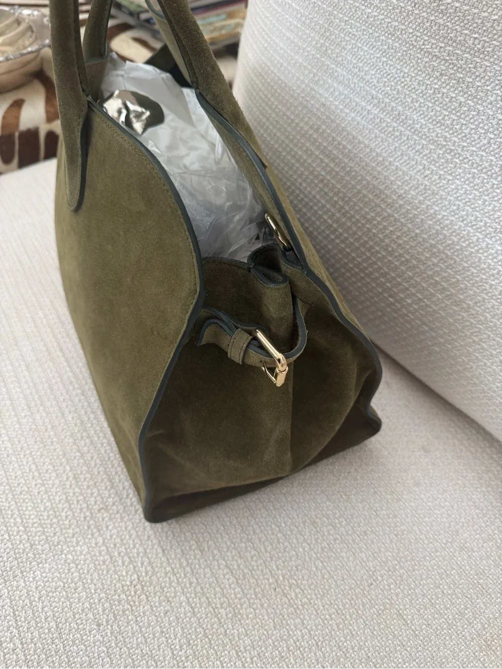 Olive Suede Structured Top-Handle Laptop Bag